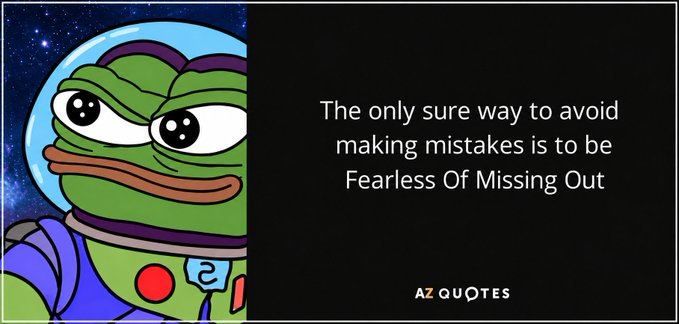 A meme image featuring Pepe the Frog in a space helmet next to the quote: 'The only sure way to avoid making mistakes is to be Fearless Of Missing Out.'