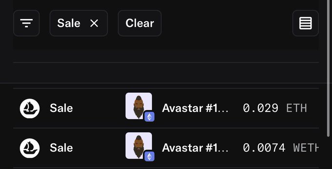 The image shows an NFT marketplace interface filtered by "Sale," displaying two Avastar NFT listings priced at 0.029 ETH and 0.0074 WETH. This visual supports the post's claim about Avastars being underrated, as the extremely low prices (especially the 0.0074 WETH listing) highlight the project's undervalued status on the secondary market.