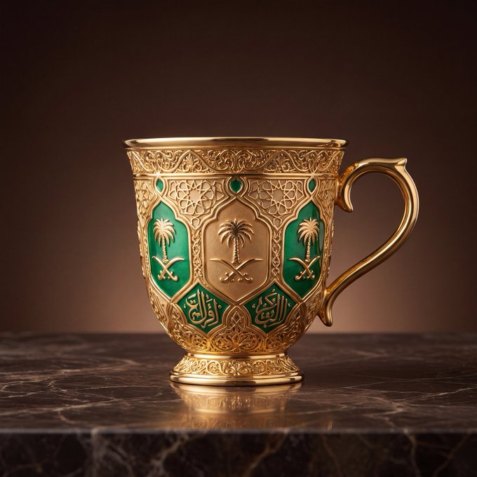 The image features an ornate gold cup with green accents that has Arabic writing on it. The cup is placed on a marble table, which adds elegance to its appearance. The background of the image is dark brown, providing contrast to the golden color of the cup and making it stand out even more. The caption reads "OpenSea @opensea  — Free commemorative collection @base : Are there any unminted OpenSea World Cups NFTs left? Time is running out—only 1 per wallet limit Time: June 10, 22:00 - June 11," which suggests that the cup might be a limited edition item or part of an exclusive collection.