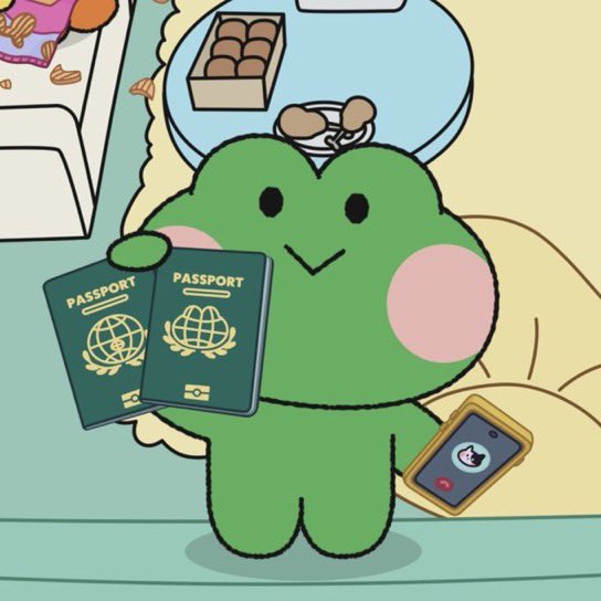 A cute cartoon illustration of a green frog-like character smiling while holding two passports and a ringing smartphone, with a box of chocolates and snacks in the background.