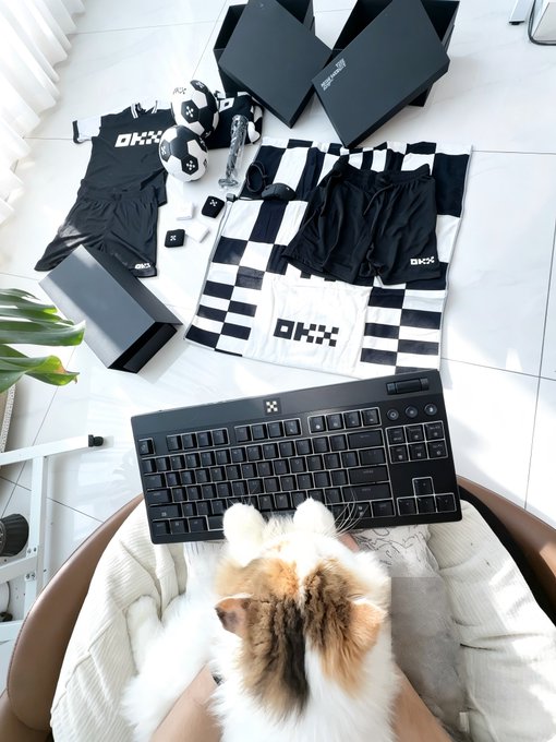 An overhead shot of an OKX branded merchandise haul on a white tiled floor, including a black and white checkered towel, black athletic wear, soccer balls, and packaging, with a fluffy cat sitting in front of a black keyboard on a chair.
