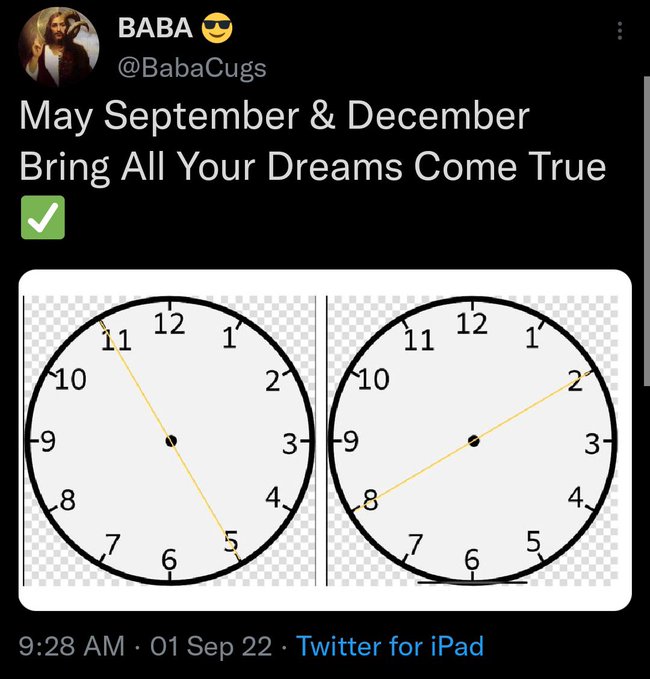 A tweet from @BabaCugs showing two clocks whose hour hands point to 11 and 2, illustrating the text "May, September & December Bring All Your Dreams Come True" — referencing the dates commonly associated with SEC deadlines or rulings in the XRP lawsuit.