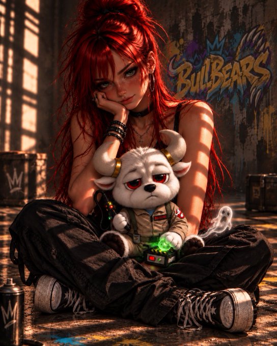 A digital artwork shows a red-haired anime girl in streetwear sitting cross-legged next to a sad-looking white bull character with horns, with 'BULLBEARS' graffiti in the background.