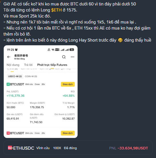 A Vietnamese-language Binance Futures trading screenshot shows a BTCUSDT long position with a profit of +64.88% (+116,379.36 USDT), alongside text discussing trading strategies for BTC and ETH.