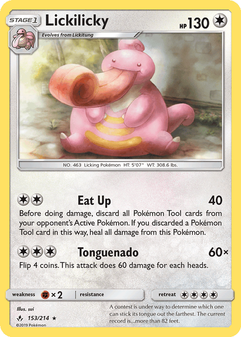 A Pokémon trading card for Lickilicky (HP 130), Stage 1, evolving from Lickitung, with attacks 'Eat Up' (40) and 'Tonguenado' (60x), card number 153/214.