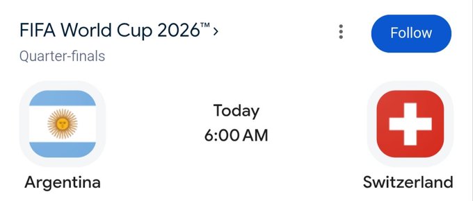 The image shows a Google search result for the FIFA World Cup 2026 Quarter-finals match between Argentina and Switzerland, scheduled for Today at 6:00 AM. This relates to the post offering $3,000 to 30 people who correctly predict the score of this World Cup quarter-final match, ending in 12 hours.