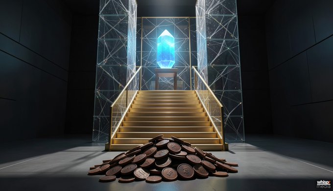 The image features a pile of gold coins, with some of them being brown and others silver. The coins are scattered across the floor, creating an interesting visual effect. In the background, there's a staircase leading up to a throne-like structure, which is made of glass and has a blue gemstone in its center. The image also includes text that reads "Solana se corona top 3 en la lista Fortune #solana superando a $XRP". This suggests that the coins might be related to the cryptocurrency market or have some connection to it.