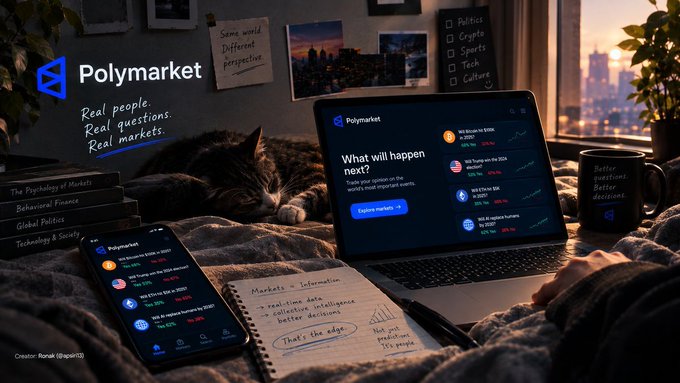 A promotional graphic for 'Polymarket' with the tagline 'Real people. Real questions. Real markets.', depicting a cozy bedroom scene with a laptop and phone displaying the platform's interface, alongside a sleeping cat and handwritten notes.