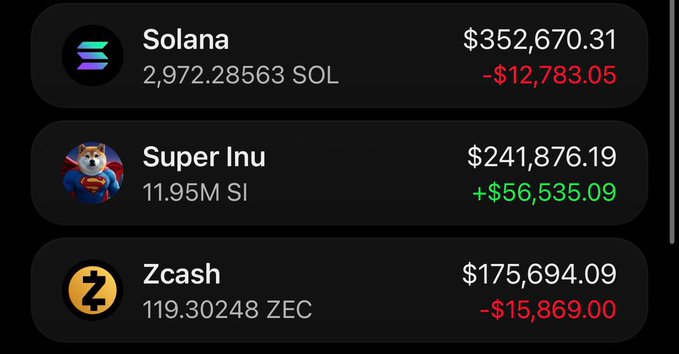 A cryptocurrency portfolio showing three holdings: Solana (2,972.28563 SOL valued at $352,670.31, down $12,783.05), Super Inu ($SI, 11.95M tokens valued at $241,876.19, up $56,535.09), and Zcash (119.30248 ZEC valued at $175,694.09, down $15,869.00). The post celebrates holding the $SI position through patience, and the image illustrates this by showing the Super Inu holding as the only asset with a significant green profit gain, while Solana and Zcash show red losses.