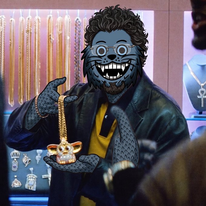 An image featuring an anthropomorphic gray-furred beast character with curly black hair and round glasses, smiling broadly while holding up a gold "Gucci" pendant in a brightly lit jewelry store.
