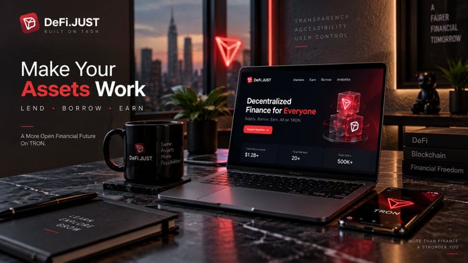 A promotional banner for "DeFi.JUST" Built on TRON with the slogan "Make Your Assets Work - LEND · BORROW · EARN" and "Decentralized Finance for Everyone", displayed on a laptop alongside a branded mug and notebook.
