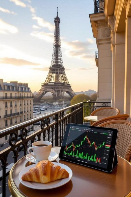 A trader sips coffee and enjoys a buttery croissant on a Parisian balcony overlooking the Eiffel Tower while reviewing a candlestick chart on a tablet—capturing the post's message to start the morning focused and ready for crypto trading opportunities.