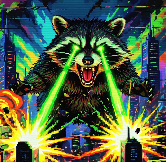 A snarling raccoon with glowing green laser eyes destroys a neon cityscape in pixel-art style, mirroring the chaotic and surreal energy of the "G'Jimothy believers $Jimothy" cult-like post.