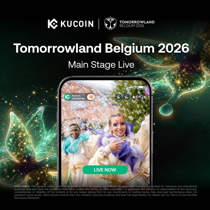 Watch the Tomorrowland Belgium 2026 Main Stage Live stream on the KuCoin App, featuring performers and the "LIVE NOW" button. This image promotes the live broadcast of the festival on the KuCoin app.