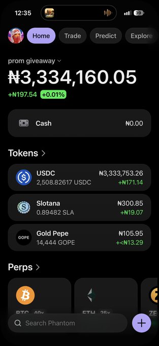 A screenshot of a Phantom crypto wallet app showing a "prom giveaway" account with a balance of ₦3,334,160.05, displaying token holdings including 2,508.82617 USDC (₦3,333,753.26), 0.89482 Slotana (₦300.85), and 14,444 Gold Pepe GOPE (₦105.95), alongside a perps section featuring BTC and ETH. The post frames this wallet screenshot as the prize wallet for a giveaway promotion.