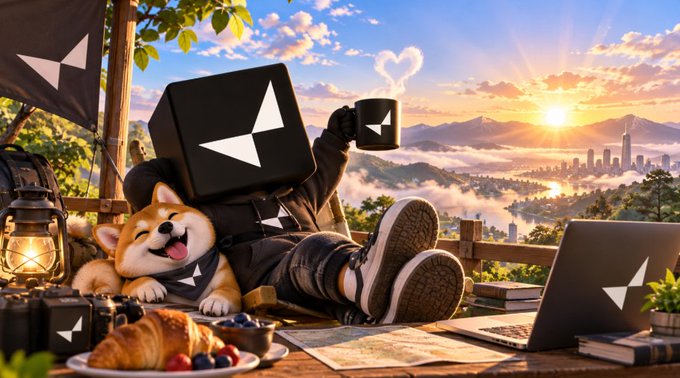 A whimsical digital illustration of a character with a cubic monitor head wearing the Avenger (AVG) logo, reclining with a Shiba Inu dog on a scenic overlook overlooking a city at sunrise.