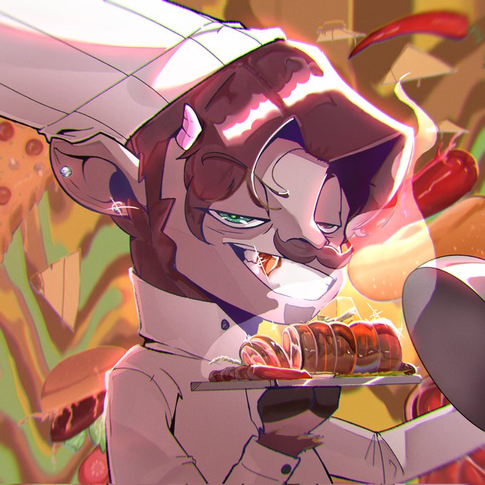 A smug-looking goat chef with a curly mane, pointed horns, and a small mustache proudly presents a platter of grilled skewers and meat, surrounded by floating chili peppers and a vibrant kitchen backdrop. The artwork ties into the "Goats of Solana" contest, as noted in the caption about almost mistaking the character for a monkey.
