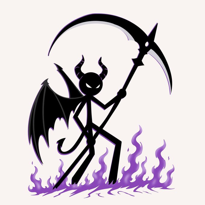 A cartoon illustration of a black devil figure with bat wings and horns, holding a scythe and standing in purple flames.