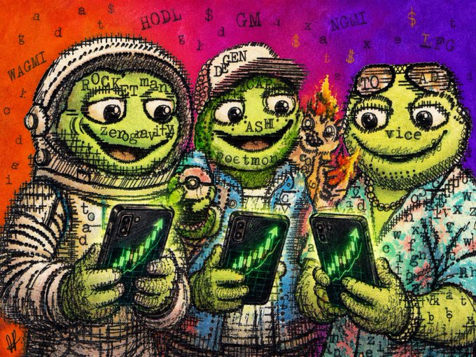 A colorful, pop-art style drawing of three green, frog-like characters holding smartphones, with text such as 'WAGMI', 'HODL', and 'NGMI' scattered across the background.