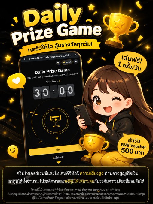 A promotional graphic for "BINANCE TH Daily Prize Game" featuring an anime-style girl holding a phone displaying a 30:00 countdown timer and trophy icon, with text in Thai announcing a 500 baht BNB Voucher prize for top scorers and one free play per day, matching the post about trying Binance TH's daily tapping game.