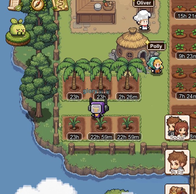 A pixel-art farming/casual game screenshot showing characters named Oliver and Polly, with crop timers displaying hours remaining (23h, 22h 59m) and various UI elements like inventory and social tabs.