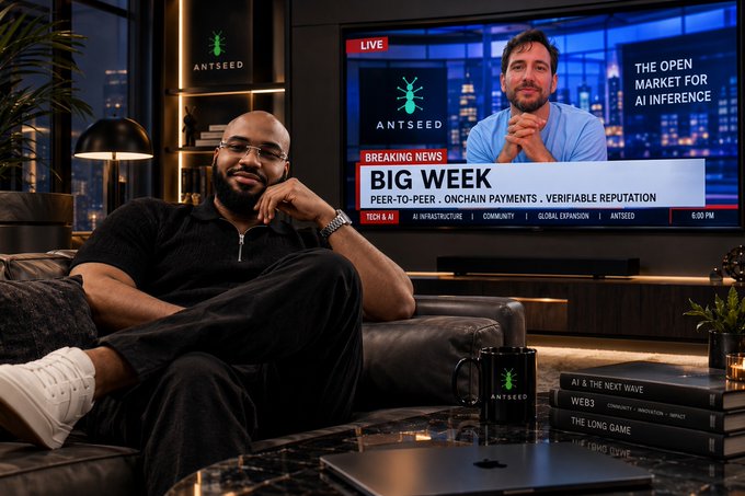A man relaxes on a leather couch in a modern living room while watching a news broadcast featuring ANTSEED branding; the news banner reads 'BIG WEEK' and highlights 'THE OPEN MARKET FOR AI INFERENCE' with subtopics including peer-to-peer, onchain payments, and verifiable reputation.
