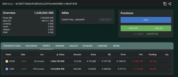 The image shows a computer screen displaying a trading dashboard for a cryptocurrency exchange, with various data points such as positions, orders, and holdings. The screen also includes information about whale trading, where whales are buying longs at $LINK and $DOGE prices. There is an overlay of the trading pairs: 
- Whale has opened longs on $LINK and $DOGE.
- Whale has placed limit orders to buy more longs.
The screen also shows the positions, orders, and holdings for different cryptocurrency exchanges.