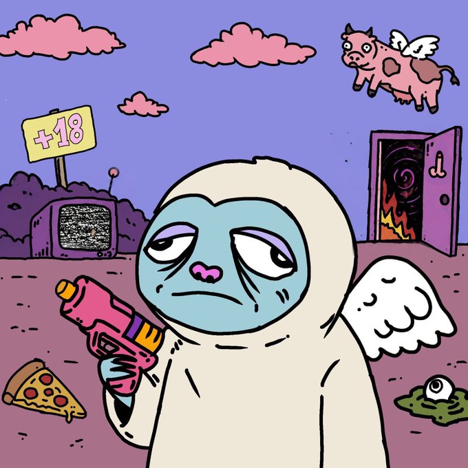 A cartoon illustration of a tired-looking, blue-faced angel holding a pink water gun, set in a surreal landscape with a flying pig, pink clouds, a slice of pizza, a "+18" sign, and a portal to a fiery dimension.