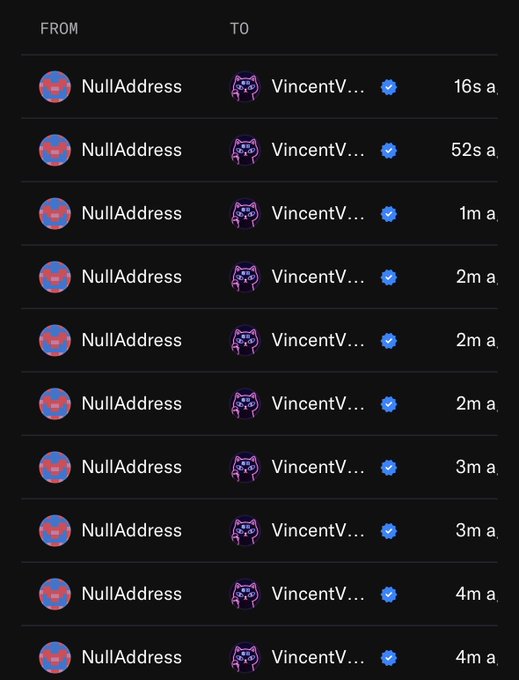 A transaction history list showing multiple transfers from 'NullAddress' to 'VincentV...' with timestamps ranging from 16 seconds to 4 minutes ago.