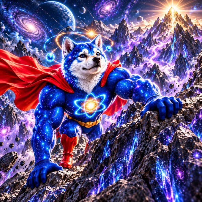 A vibrant, cosmic-themed illustration of a husky dog dressed as a superhero with a red cape, set against a galactic mountain landscape.