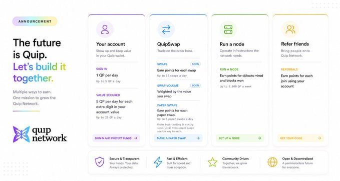 An announcement graphic for Quip Network titled "The future is Quip. Let's build it together," detailing four earning methods: Your account, QuipSwap, Run a node, and Refer friends.