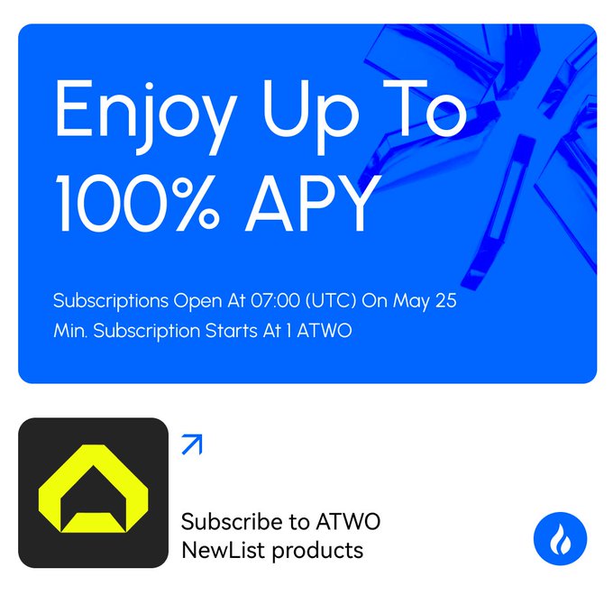 The image shows a blue sign with white text that says "Enjoy up to 100% APY with ATWO NewList Subscriptions open at 07:00 (UTC) On May 25 starting from just 1 ATWO." The sign also has an app icon and a link to the ATWO website.