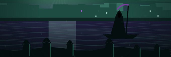 A dark, atmospheric pixel-art style video game scene depicting a grim reaper figure with a scythe standing on a platform above a wavy, dark purple water-like surface against a green city skyline backdrop.