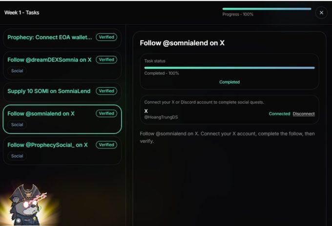 A SomniaLend Week 1 tasks screen showing completed social quests including following @somnialend, @dreamDEXSomnia, and @ProphecySocial_ on X, along with an EOA wallet connection, all marked as Verified.