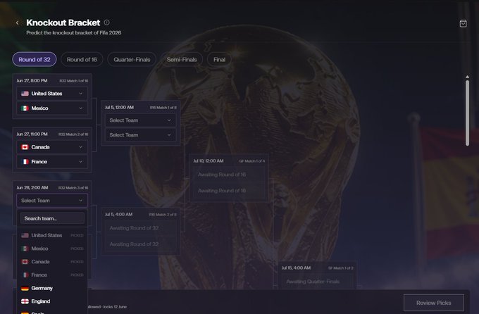 A FIFA 2026 World Cup knockout bracket interface showing scheduled matches with United States, Mexico, Canada, and France among the teams selected.