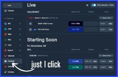 A digital interface for upcoming token sales shows a 'Starting Soon' event for 'VALORANT' on November 26, with other tokens like 'Open3. Most of M' visible, and an arrow pointing to a button labeled 'just 1 click'.