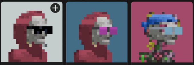 Three pixel art character portraits are displayed side-by-side, showing a red-hooded skeletal figure and a blue-haired variant with different colored sunglasses.