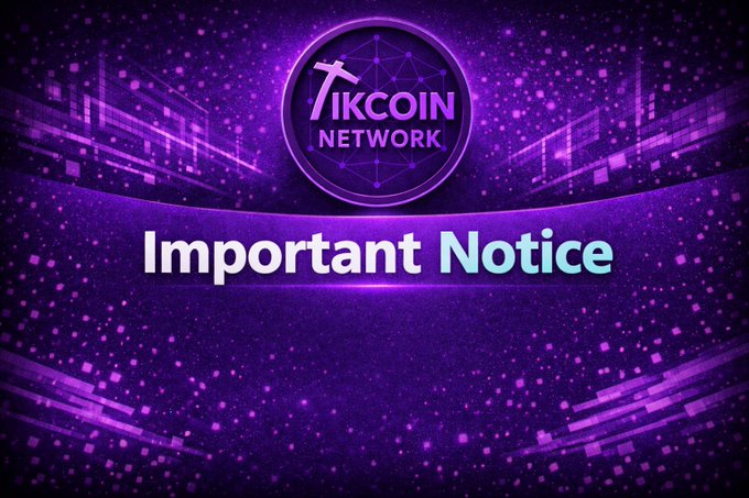 A purple graphic featuring the "TikCoin Network" logo above the text "Important Notice," serving as an announcement banner to remind users to follow official accounts and safeguard their assets while continuing to engage with the TikCoin ecosystem.