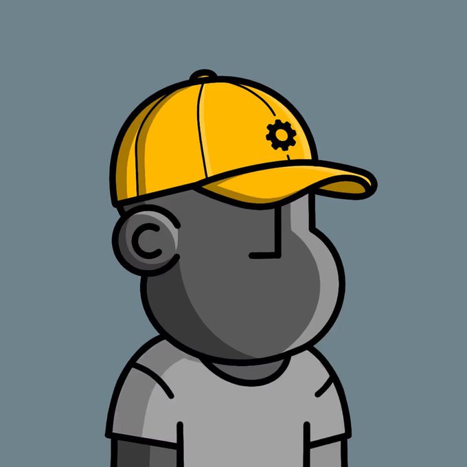 The image features a cartoon character wearing a yellow baseball cap with a gear symbol on it, standing against a blue background. The caption below the image reads "gm everyone just bought my @npconchain rate 1-10". This suggests that the image is related to an online store or marketplace where people are purchasing items from the post.