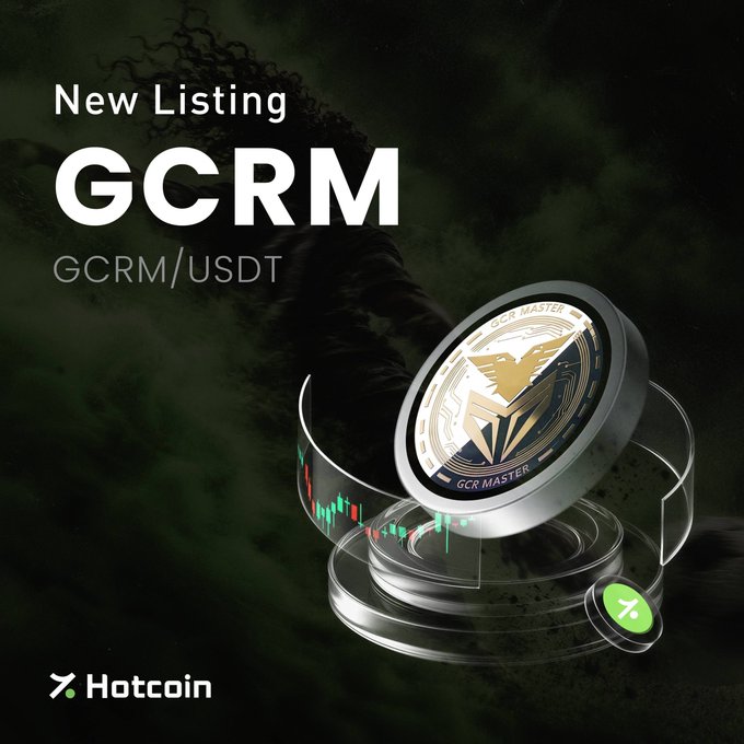 A promotional graphic announcing 'New Listing GCRM GCRM/USDT' by Hotcoin, displaying a stylized gold and silver coin emblem hovering above a glowing candlestick chart.