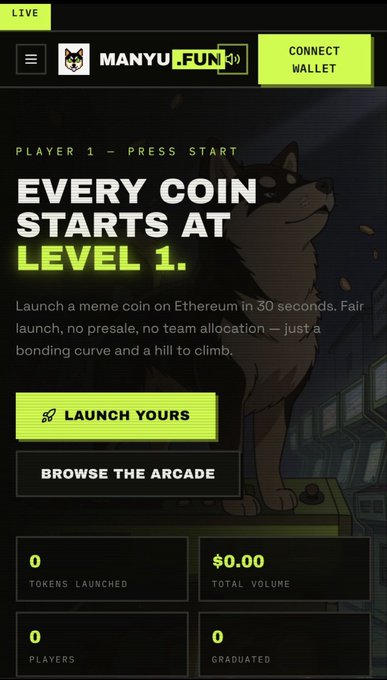 The image displays a landing page for MANYU.FUN featuring a pixelated Shiba Inu dog with neon green accents, promoting their meme coin launch platform with a "Launch Yours" button and zero stats (0 tokens launched, $0.00 total volume, 0 players, 0 graduated). The page emphasizes "EVERY COIN STARTS AT LEVEL 1" with retro arcade aesthetics, aligning with the post's announcement that the platform is live on Robinhood Chain and offering fair-launch tokens via bonding curves that graduate to Uniswap V3.