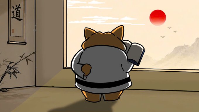 The image features a cartoon cat standing by an open window, looking out at the sunset with mountains visible through the window. The cat appears to be wearing a karate uniform, which adds a unique touch to the scene. The background of the image is white, and there are two birds flying in the sky above the cat's head. The post that accompanies this image reads: "Learn together. Build together @DogeOS". This message encourages viewers to learn and grow together while also sharing their experiences with others through social media platforms like Instagram or Twitter.