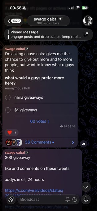 A Telegram post from "swago cabal" (982 subscribers) shows a pinned message about engagement rules, an anonymous poll asking members to choose between "naira giveaways" or "$$ giveaways" (60 votes), and a 30$ giveaway prompt with a link, matching the "t.me/swagocabal" channel referenced in the caption.