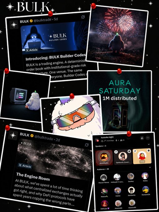 A collage of BULK (@bulktrade) social media posts and community screenshots promoting BULK Builder Codes, The Engine Room article, and an AURA Saturday distribution event.