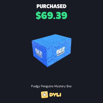 A screenshot showing a purchased item: 'Pudgy Penguins Mystery Box' for $69.39, featuring a blue cube-shaped box with the Pudgy Penguins logo and an 'OWU' (Open World United) tag.