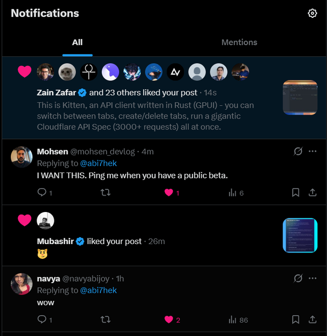 A Twitter/X notifications feed in dark mode showing mentions of @abi7hek, with users like Zain Zafar, Mohsen @mohsen_devlog, Mubashir, and navya @navyabijoy commenting on a post about "Kitten, an API client written in Rust (GPUI)."