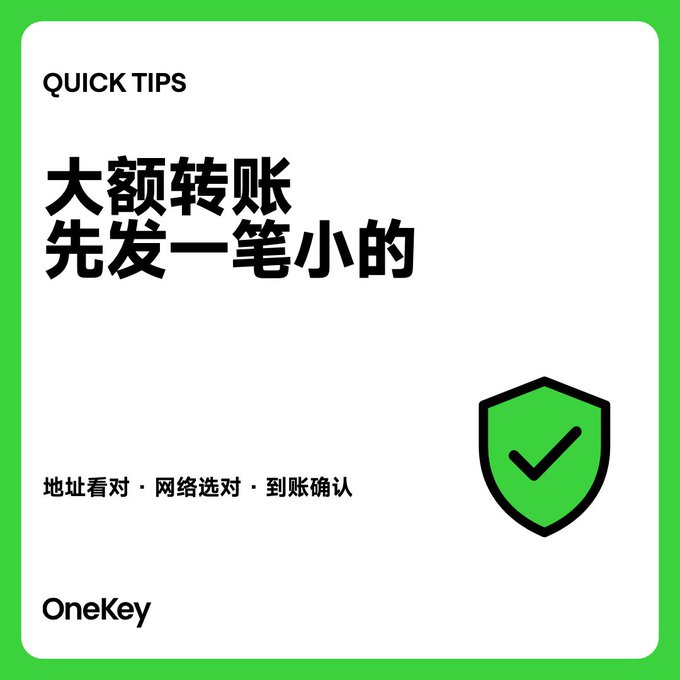 The image is a graphic from OneKey featuring the "Quick Tip" "大额转账先发一笔小的" (For large transfers, send a small test amount first), along with the advice "地址看对·网络选对·到账确认" (Check the address, choose the right network, confirm receipt) and a green shield with checkmark icon, visually reinforcing the post's recommended habit of sending a test transaction before making large transfers.