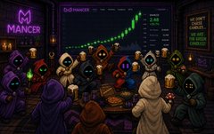 A pixel art image depicting hooded figures labeled "MANCER" watching a green upward-trending chart on a screen displaying cryptocurrency prices.