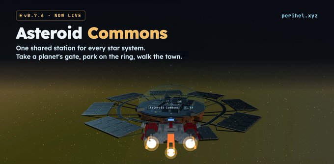 A promotional graphic for 'Asteroid Commons' version 8.7, advertising a shared space station with text reading 'One shared station for every star system. Take a planet's gate, park on the ring, walk the town.'