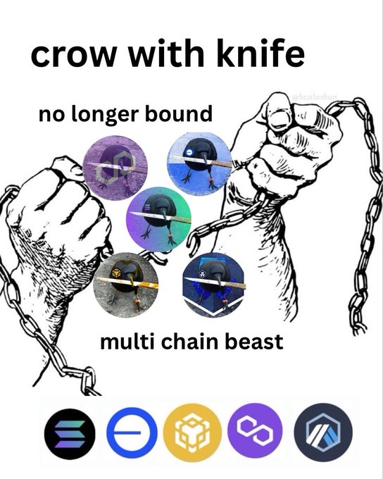 A crypto promotional graphic featuring the text 'crow with knife - no longer bound - multi chain beast,' depicting hands breaking chains while holding crow-themed coin logos, with various blockchain network icons at the bottom.